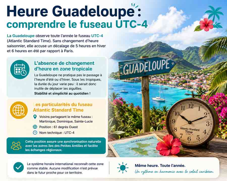Infographie Heure Guadeloupe illustrant le fuseau UTC-4, avec panneau signalétique "Guadeloupe", baie aux eaux turquoise et horloge Atlantic Standard Time au premier plan