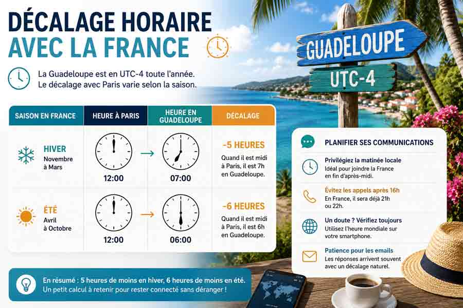 Infographie sur le décalage horaire France-Guadeloupe avec tableau comparatif hiver/été, panneau "Heure Guadeloupe UTC-4" en bord de mer et chapeau de paille sur table en bois