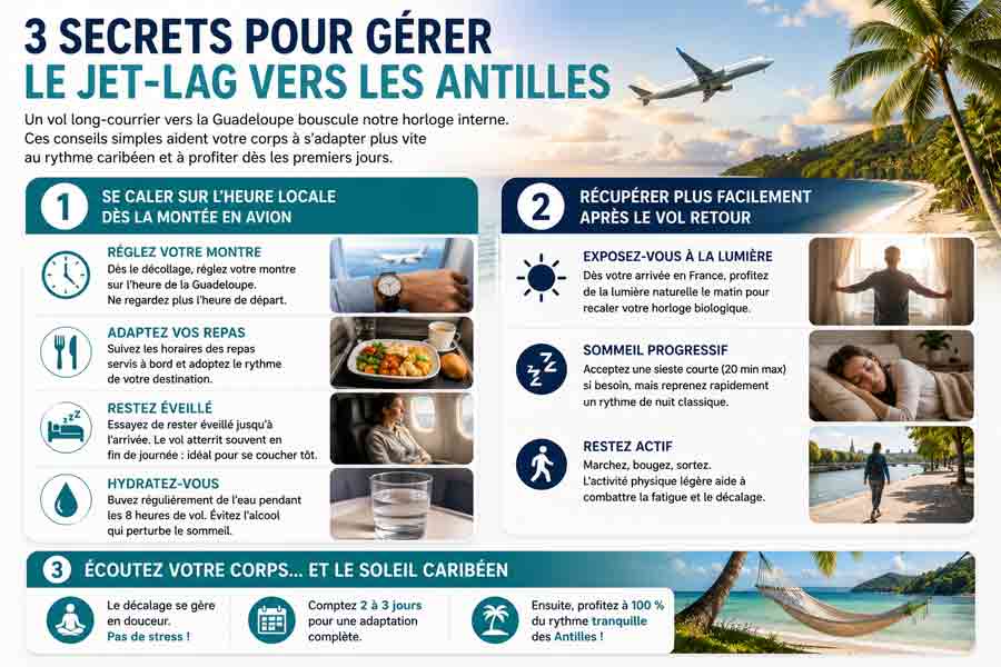 Infographie 3 conseils contre le jet-lag Antilles : réglage de l'heure de la Guadeloupe en avion, exposition à la lumière au retour et repos progressif, avion au décollage et plage bordée de palmiers en arrière-plan
