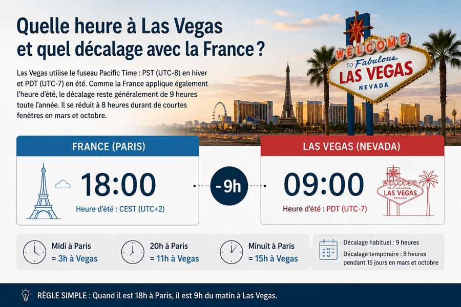 Infographie comparant les fuseaux horaires entre Paris et Las Vegas, avec les équivalences d'heure, le décalage de 9h et l'heure Las Vegas