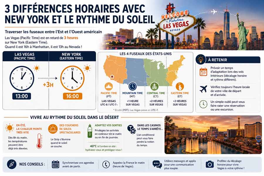 Infographie illustrant le décalage entre l'heure à Las Vegas et à New York, la carte des 4 fuseaux horaires américains et le rythme de vie dans le désert