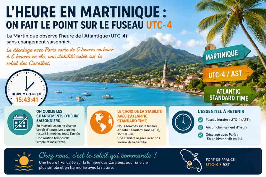Infographie récapitulative : l'heure en Martinique, fuseau UTC-4, décalage avec Paris de 5h en hiver et 6h en été, vue sur la baie de Fort-de-France avec la Montagne Pelée en arrière-plan