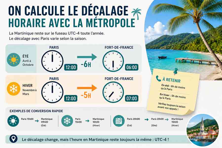 Infographie sur le décalage horaire entre Paris et Fort-de-France selon les saisons, avec exemples de conversion et vue sur une plage de sable blanc bordée de palmiers en Martinique