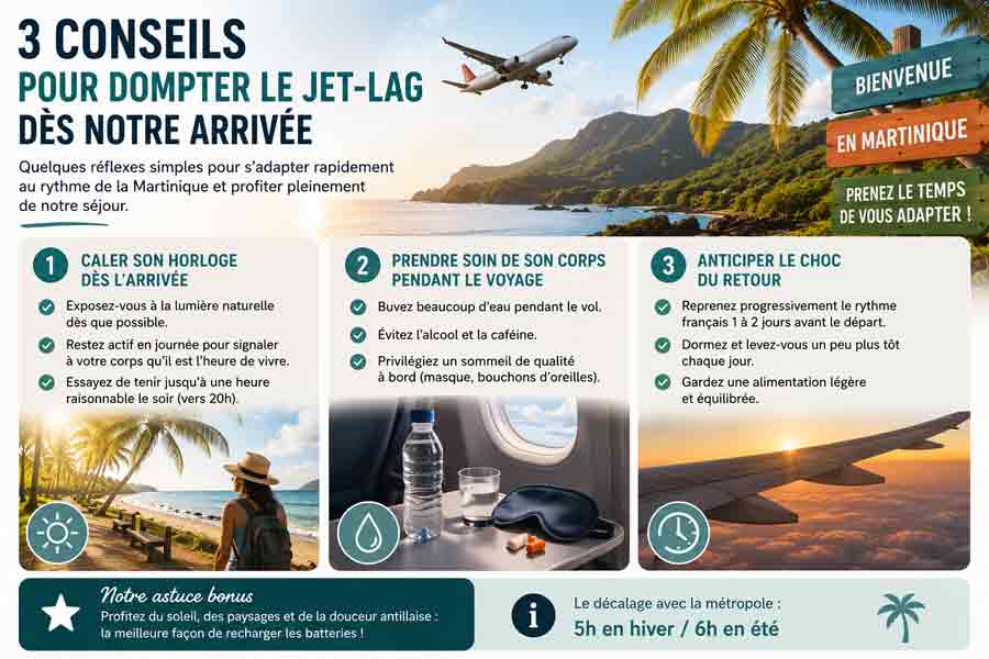 Infographie des 3 conseils pour gérer le décalage horaire à l'arrivée en Martinique, illustrée par un avion survolant la côte, un hublot avec nécessaire de voyage et une aile d'avion au coucher du soleil