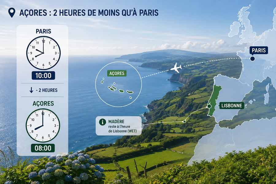 Infographie illustrant le décalage horaire de 2 heures entre Paris et les Açores, avec horloges comparatives, carte de l'archipel et vue aérienne de la côte volcanique verdoyante bordée par l'Atlantique