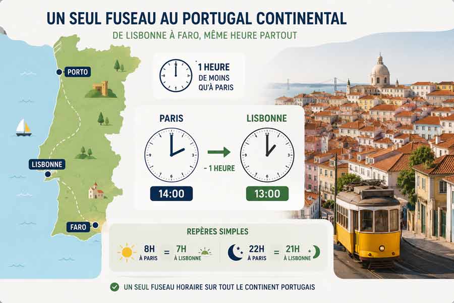 Infographie sur le fuseau horaire unique du Portugal continental, avec carte de Porto à Faro, horloges comparatives Paris-Lisbonne et vue sur un tramway jaune typique dans les ruelles colorées de Lisbonne