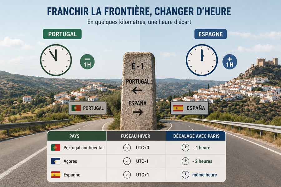Infographie illustrant la frontière entre Portugal et Espagne avec borne routière E-1, heure Portugal comparée à l'heure en Espagne et tableau récapitulatif des fuseaux horaires, sur fond de villages typiques et château fortifié