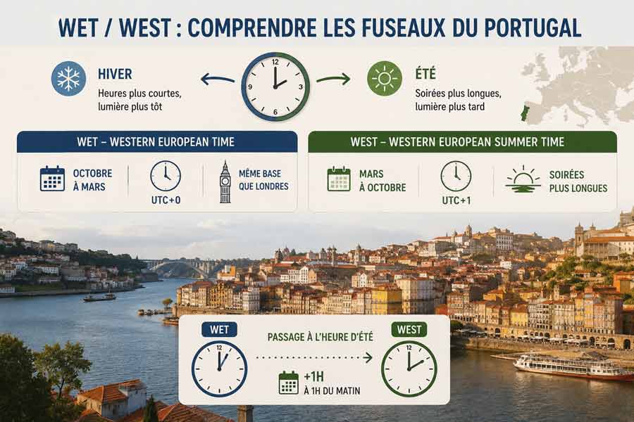 Infographie explicative des fuseaux WET et WEST au Portugal, avec repères saisonniers et calendrier de changement d'heure au Portugal, sur fond de vue panoramique de Porto et son fleuve Douro bordé de maisons colorées