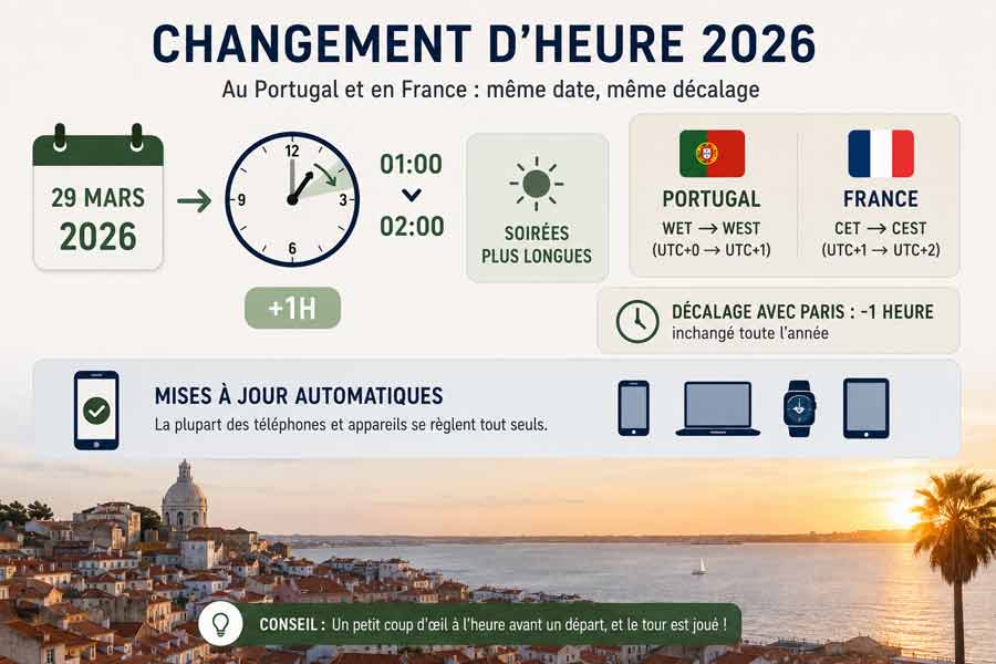 Infographie sur le changement d'heure Portugal en 2026 et en France avec date du 29 mars, drapeaux des deux pays et coucher de soleil sur les toits de Lisbonne bordant le Tage