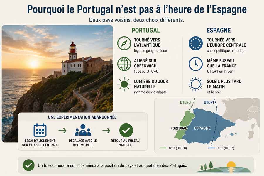 Infographie comparant les choix d'heure au Portugal et en Espagne, avec carte des fuseaux WET et CET, encadré sur l'expérimentation abandonnée d'alignement, et photo d'un phare côtier au coucher de soleil sur la falaise atlantique