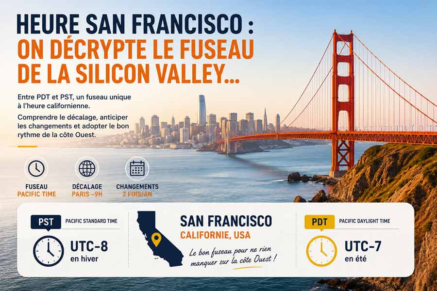 Infographie de présentation sur l'heure San Francisco avec le Golden Gate Bridge et la skyline de la ville en arrière-plan, encadrés PST (UTC-8 en hiver) et PDT (UTC-7 en été), décalage avec Paris et carte de Californie