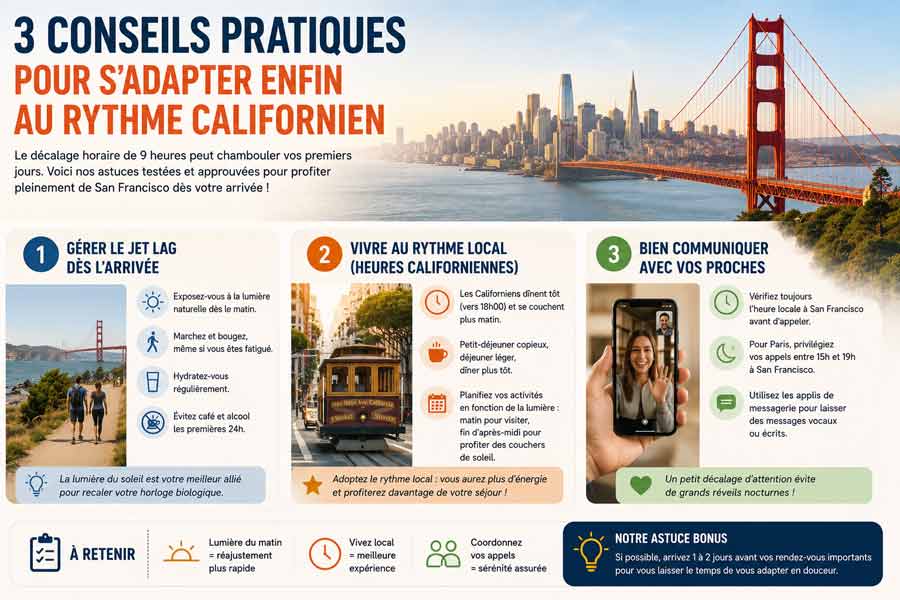 Infographie présentant 3 conseils pour s'adapter à l'heure de San Francisco : gérer le jet-lag avec des randonneurs marchant en bord de mer au lever du jour, vivre au rythme local illustré par un tramway typique de la ville, et bien communiquer avec ses proches via un appel visio, sur fond de Golden Gate Bridge et skyline