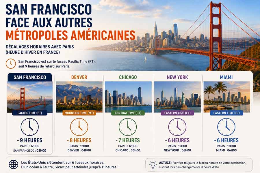 Infographie comparant l'heure San Francisco avec celle de Denver, Chicago, New York et Miami par rapport à Paris, illustrée par les skylines de chaque ville (Golden Gate Bridge, montagnes de Denver, gratte-ciels de Chicago, statue de la Liberté à New York, front de mer de Miami) avec horloges et écarts horaires respectifs
