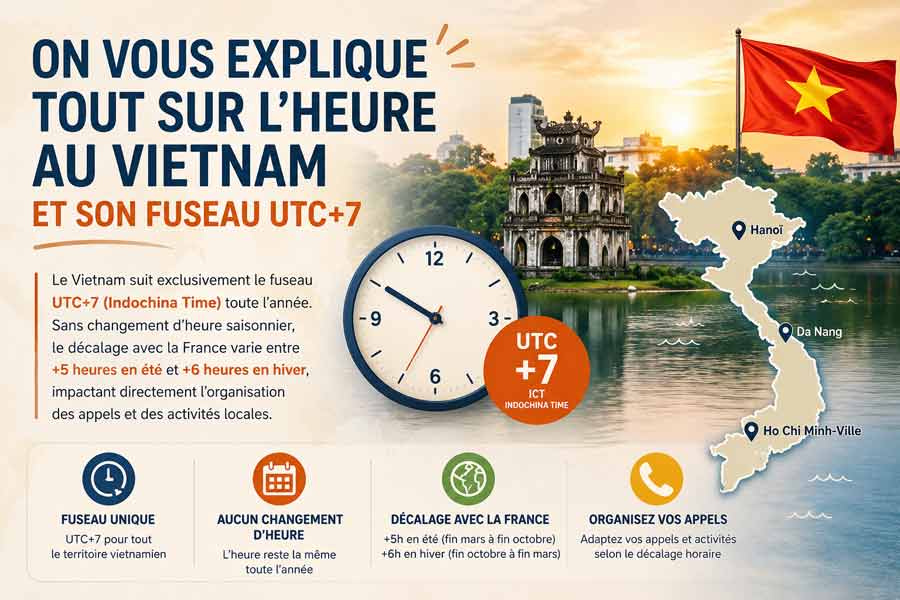 Infographie sur l'heure Vietnam et le fuseau UTC+7, avec tour de la Tortue au lac Hoan Kiem à Hanoï, drapeau vietnamien, carte du pays localisant Hanoï, Da Nang et Ho Chi Minh-Ville, une horloge et les décalages horaires avec la France (+5h en été, +6h en hiver)