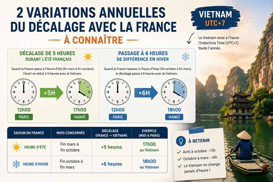 Infographie détaillant les 2 variations annuelles du décalage horaire entre la France et le Vietnam, avec horloges comparatives Paris/Hanoï (+5h en été, +6h en hiver), tableau récapitulatif par saison et encadré "à retenir", sur fond de paysage vietnamien avec pagode flottante entre les rochers karstiques