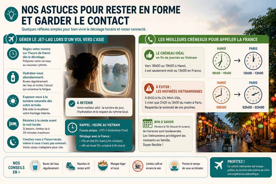 Infographie sur l'heure Vietnam et sur les astuces contre le jet-lag et les meilleurs créneaux pour appeler la France depuis le Vietnam, avec conseils illustrés par pictogrammes, photo d'une voyageuse regardant la baie d'Halong depuis un avion et rue vietnamienne illuminée de lanternes rouges le soir, encadrés horaires Hanoï/Paris et rappels pratiques en bas de page