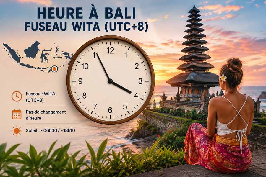 Infographie sur l'heure Bali et le fuseau WITA (UTC+8), avec horloge, carte de l'Indonésie, horaires du soleil, et femme admirant un temple balinais face à la mer au coucher de soleil