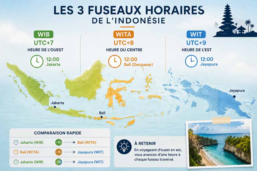 Infographie sur les trois fuseaux horaires de l'Indonésie (WIB, WITA, WIT), avec carte colorée du pays, horloges pour Jakarta, Bali et Jayapura, tableau comparatif des écarts entre zones, et photo d'une crique aux eaux turquoise