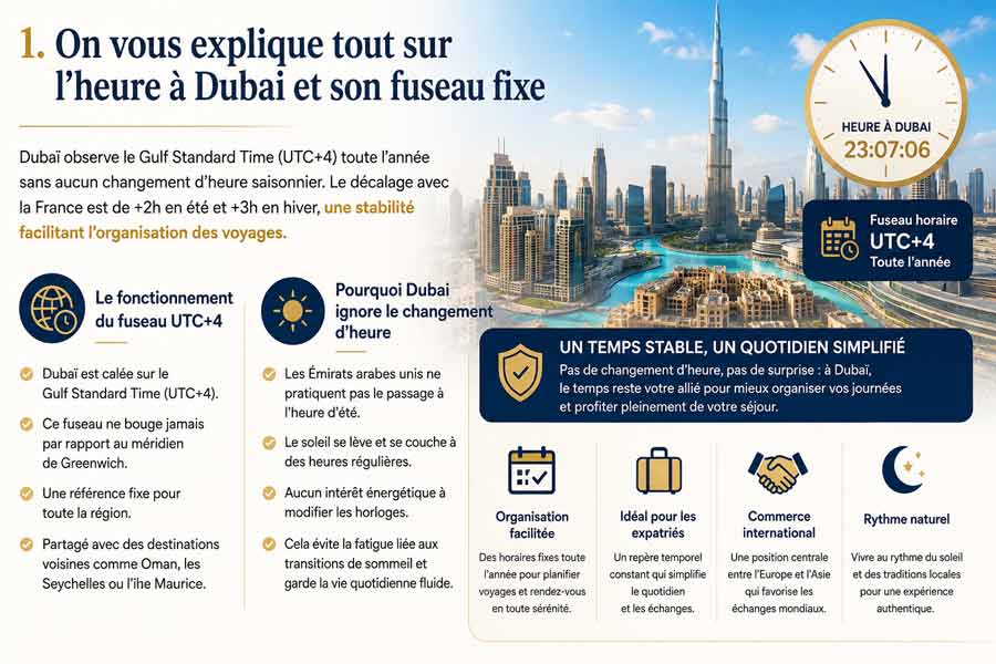Infographie sur le fuseau horaire fixe de Dubaï (UTC+4), avec horloge affichant l'heure Dubai, skyline avec Burj Khalifa au bord de l'eau, et pictogrammes des avantages d'un temps stable