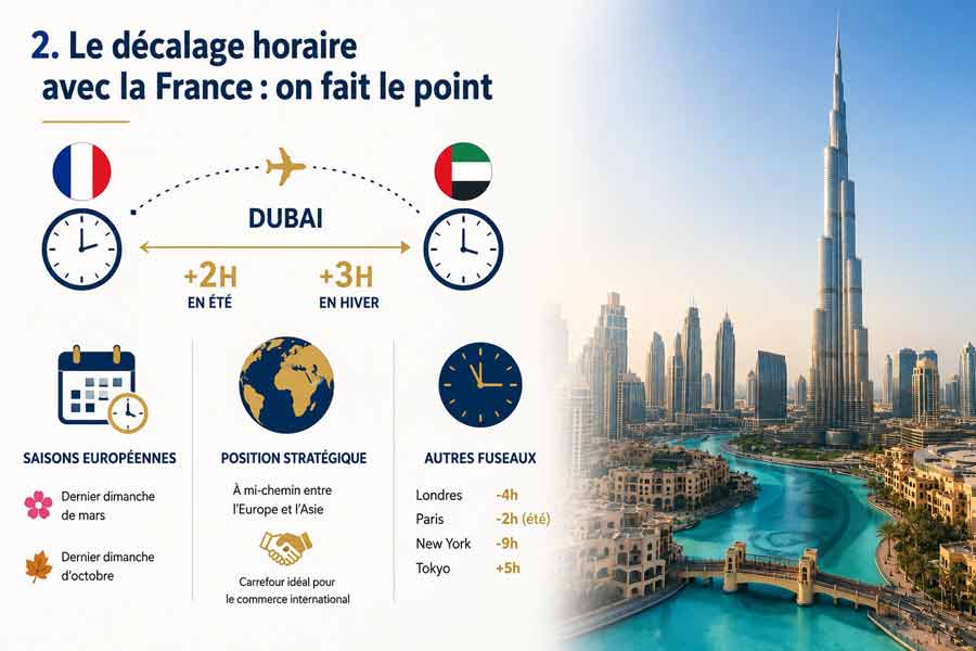Infographie sur le décalage horaire France-Dubaï (+2h été, +3h hiver), avec drapeaux, heure Dubai et heure France, tableau comparatif des fuseaux mondiaux et photo du Burj Khalifa