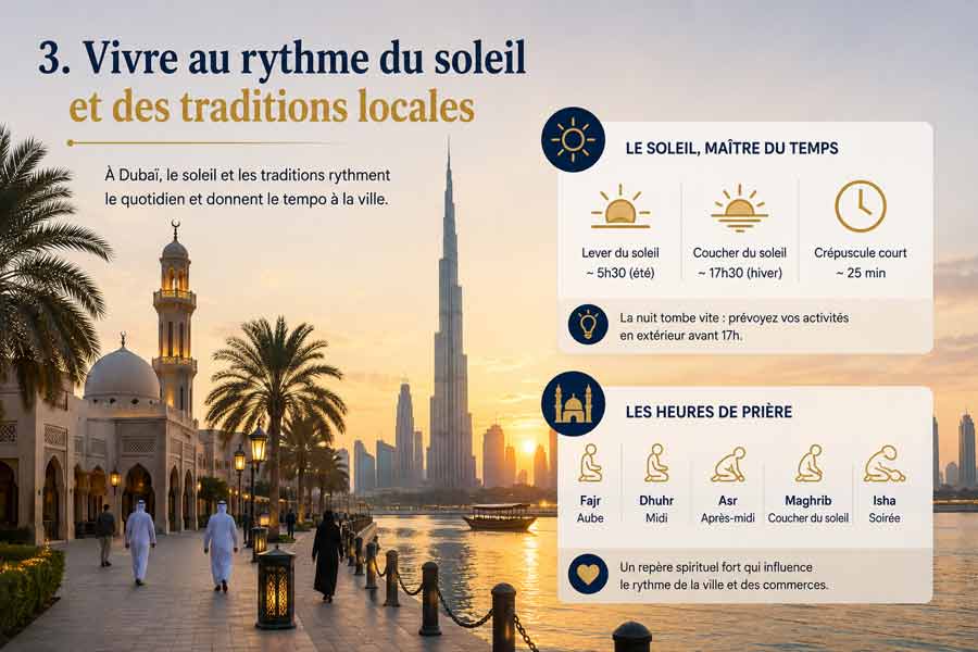 Infographie sur le rythme du soleil et des prières à Dubaï, avec vue au coucher de soleil sur une mosquée et le Burj Khalifa, heure Dubai de lever/coucher du soleil et des cinq prières quotidiennes