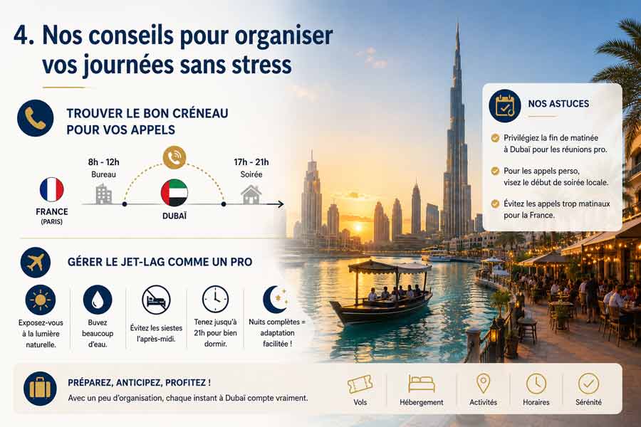 Infographie de conseils pour gérer son emploi du temps et le jet-lag à Dubaï, avec frise des créneaux d'appel, pictogrammes pratiques et photo de la Marina au coucher de soleil