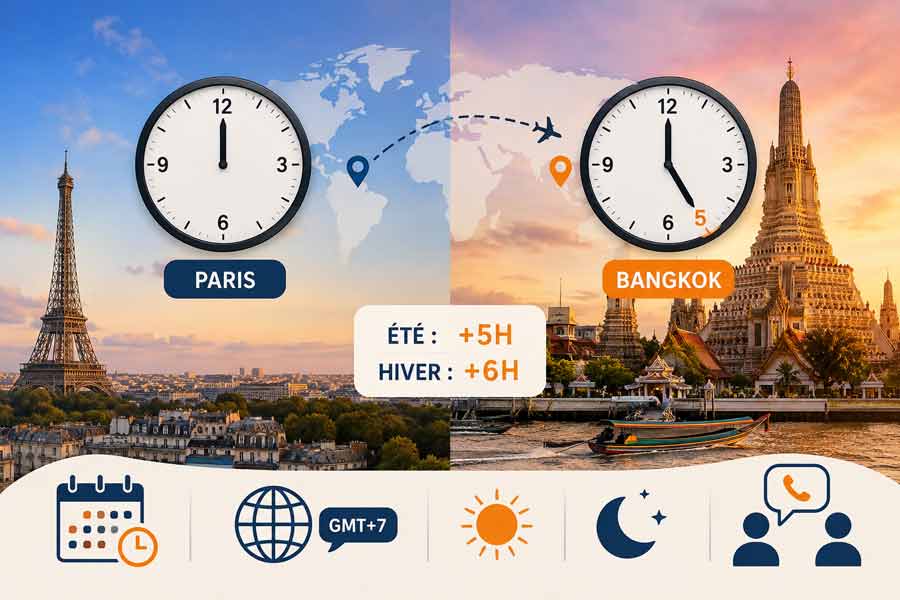 Infographie illustrant le décalage horaire entre Paris et Bangkok, avec la Tour Eiffel et le Wat Arun, indiquant +5h en été et +6h en hiver pour l'heure en Thaïlande