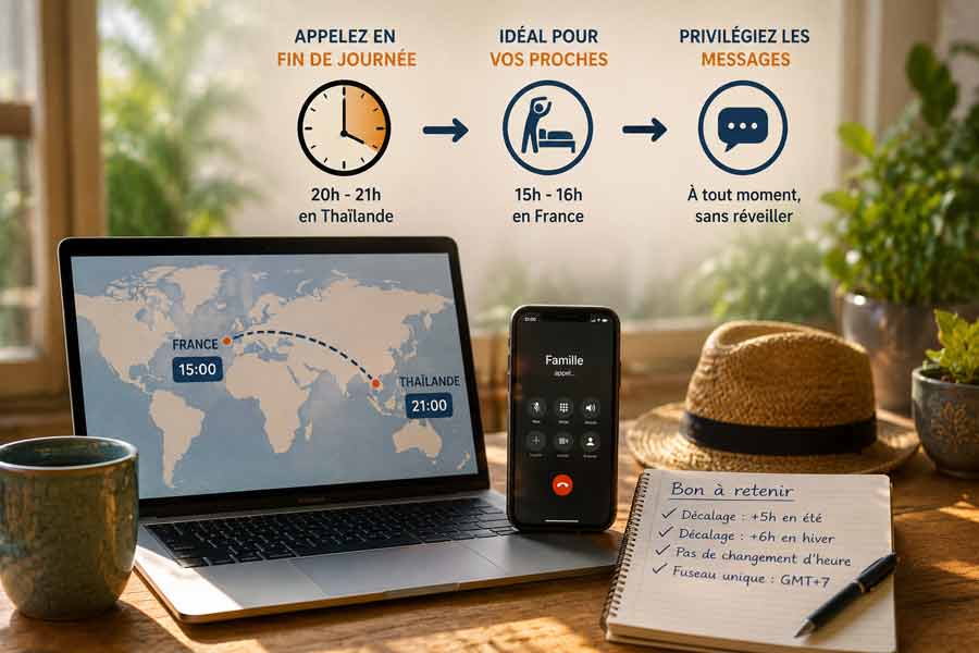 Infographie pratique sur le meilleur créneau pour appeler la France depuis la Thaïlande, avec ordinateur portable indiquant l'heure Thailande et celle de France, smartphone et notes de rappel sur le décalage horaire