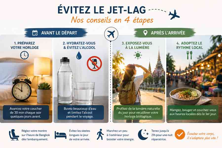 Infographie en 4 étapes pour éviter le jet-lag en Thaïlande : préparer son horloge avec l'heure en Thailande, s'hydrater, s'exposer à la lumière et adopter le rythme local