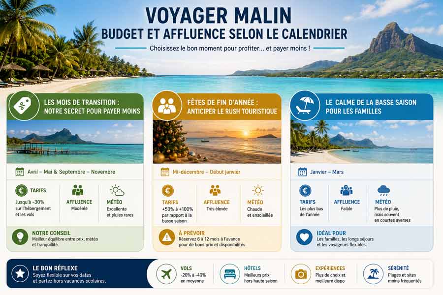 Infographie sur le budget et l'affluence selon le calendrier pour bien choisir quand partir à l'île Maurice : mois de transition (avril-mai et septembre-novembre) pour économiser jusqu'à 30%, fêtes de fin d'année avec forte affluence, et basse saison de janvier à mars idéale pour les familles