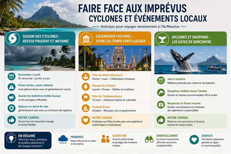 Infographie pour anticiper sereinement quand partir à l'île Maurice face aux imprévus : saison des cyclones de novembre à avril, calendrier culturel avec les fêtes locales, et observation des baleines et dauphins de juin à octobre