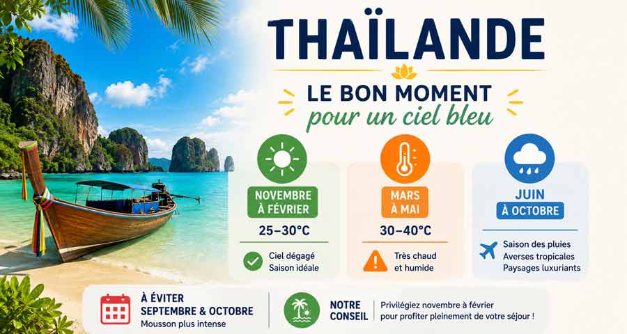 Infographie pour choisir le bon moment pour partir en Thaïlande : saison idéale de novembre à février, saison chaude de mars à mai, mousson de juin à octobre