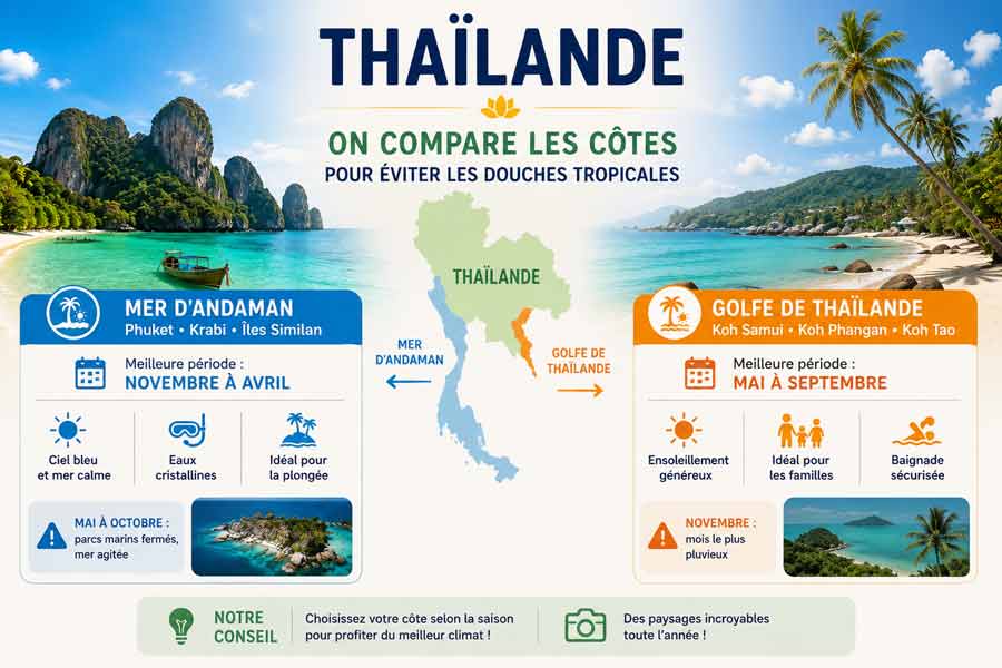 Infographie pour bien choisir sa côte en Thailande selon la saison : mer d'Andaman de novembre à avril, golfe de Thaïlande de mai à septembre