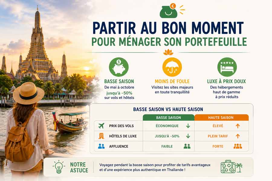Infographie pour savoir quand partir en Thaïlande au meilleur prix : avantages de la basse saison de mai à octobre, tarifs réduits et sites moins fréquentés