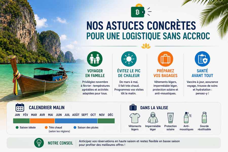 Infographie avec calendrier et conseils pratiques pour préparer son voyage en Thaïlande et savoir quand partir : meilleure période, bagages et santé
