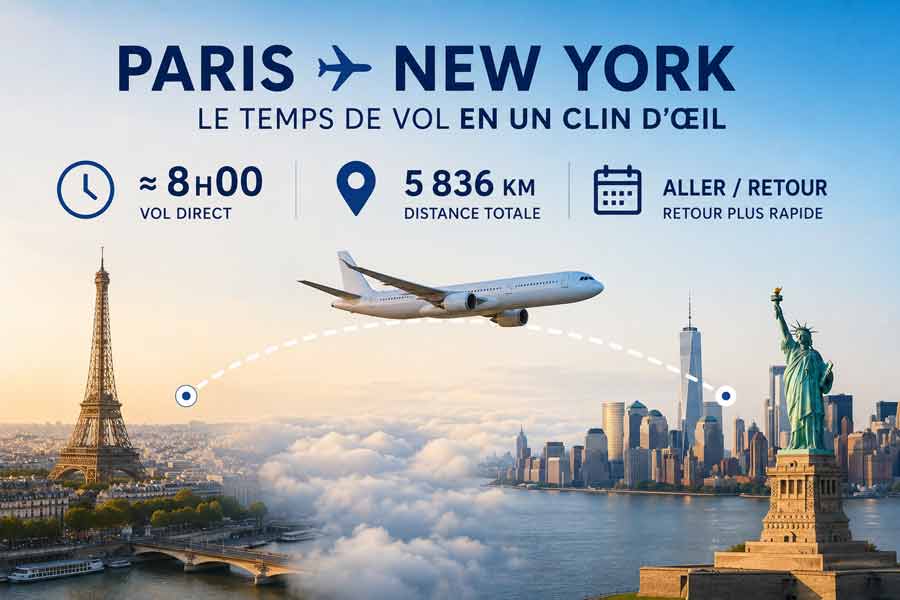 Infographie résumant le temps de vol Paris New York : environ 8h en direct, 5 836 km de distance avec un avion survolant la tour Eiffel et la statue de la Liberté