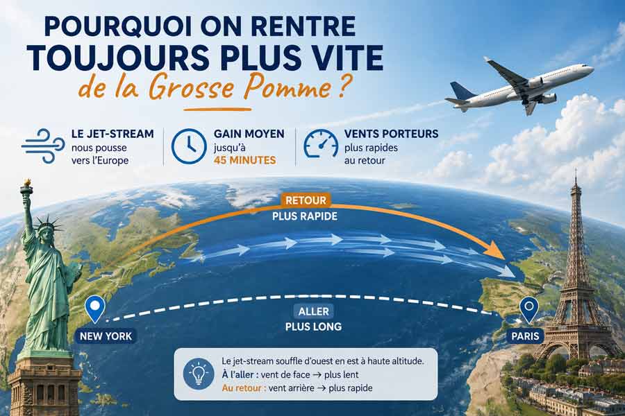 infographie expliquant pourquoi le temps de vol de New York vers Paris est plus rapide (jet-stream, gain moyen de 45 minutes, vents porteurs) avec une carte montrant les deux trajets Atlantique.