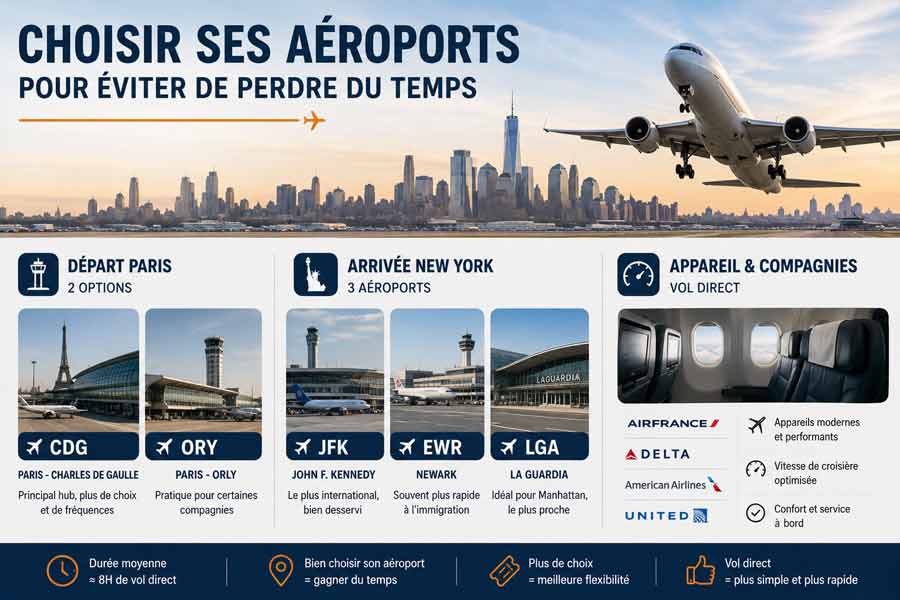 aéroports Paris (CDG/Orly), aéroports New York (JFK/Newark/LaGuardia) et le comparatif compagnies/appareils pour les vols directs.