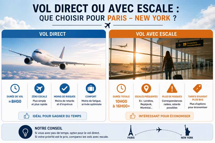 comparatif temps de vol Paris New York direct vs vol avec escale, avec les durées (≈8h contre 10h à 16h), les avantages de chaque option et le conseil final