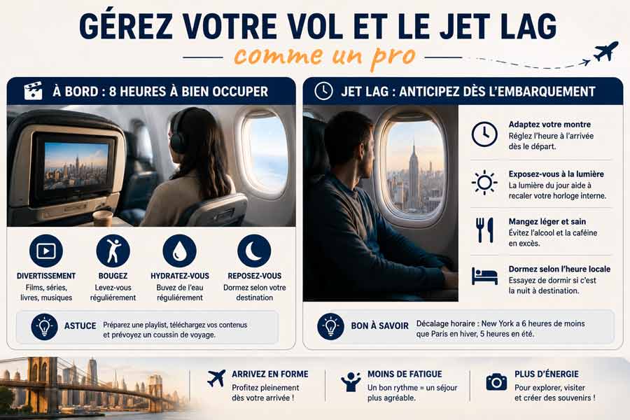 gestion du vol Paris New York et du jet lag (occuper les 8 heures à bord, anticiper le décalage horaire dès l'embarquement)