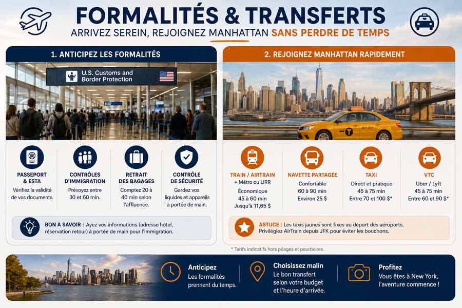 Infographie sur les formalités douanières et les transferts aéroport JFK vers Manhattan : contrôle passeport ESTA, retrait bagages, options train AirTrain, navette partagée, taxi jaune et VTC avec tarifs et durées