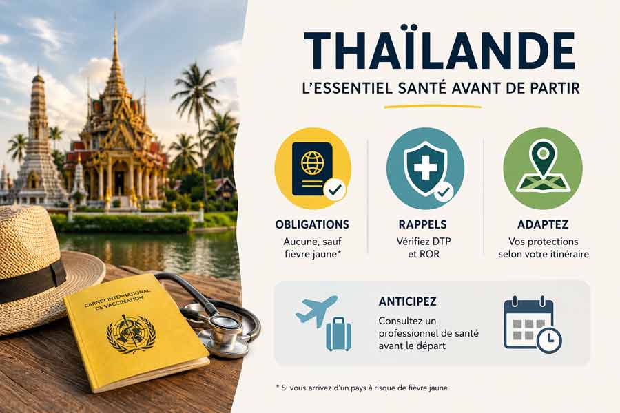 Infographie sur les vaccins Thaïlande et la santé : temple thaïlandais et carnet international de vaccination jaune au bord de l'eau, avec les 4 points clés à retenir avant le départ - obligations, rappels DTP/ROR, adaptation selon l'itinéraire et anticipation