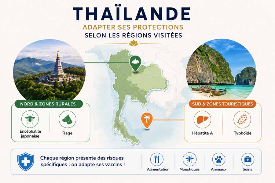 Infographie carte de la Thaïlande adaptant les vaccins selon les régions : temple doré dans les montagnes du Nord avec risques d'encéphalite japonaise et rage, îles et bateaux longtail du Sud avec risques d'hépatite A et typhoïde