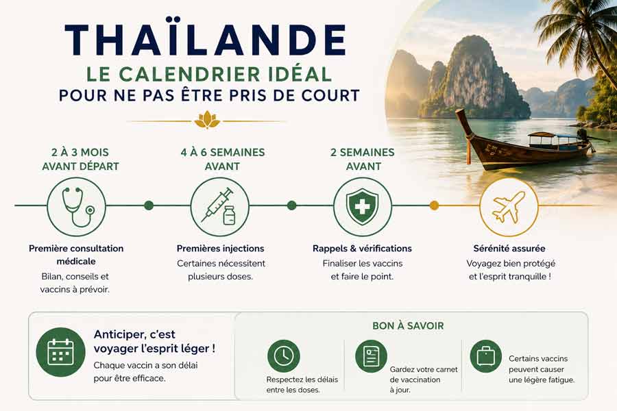Infographie calendrier vaccinal Thaïlande avec bateau longtail sur une baie aux rochers karstiques : 4 étapes de préparation de 2-3 mois avant le départ jusqu'aux vérifications finales 2 semaines avant, avec conseils pratiques sur les délais et le carnet de vaccination