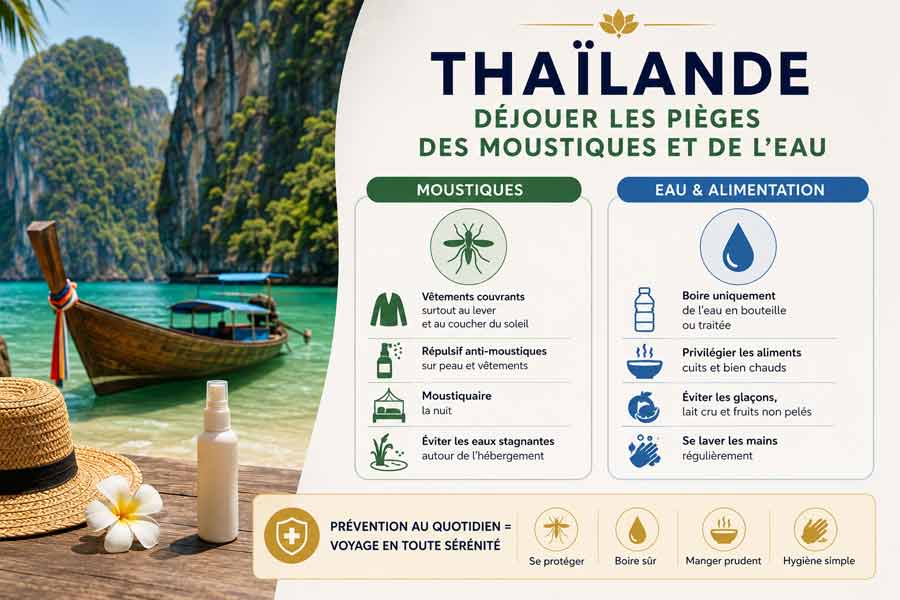 Infographie prévention moustiques et eau en Thaïlande avec bateau longtail sur lagon turquoise, chapeau de paille et fleur de frangipanier : conseils vêtements couvrants, répulsif, moustiquaire côté moustiques, eau en bouteille et aliments cuits côté hygiène alimentaire
