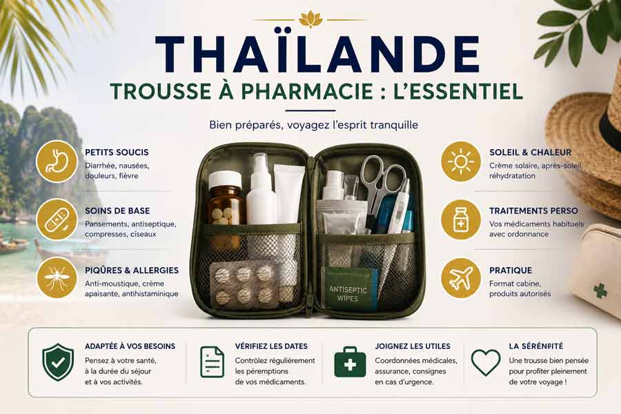 Infographie trousse à pharmacie pour la Thaïlande avec vue sur baie tropicale et chapeau de paille : trousse de voyage ouverte montrant médicaments et soins de base, avec conseils sur les traitements personnels, la crème solaire et les vérifications de péremption