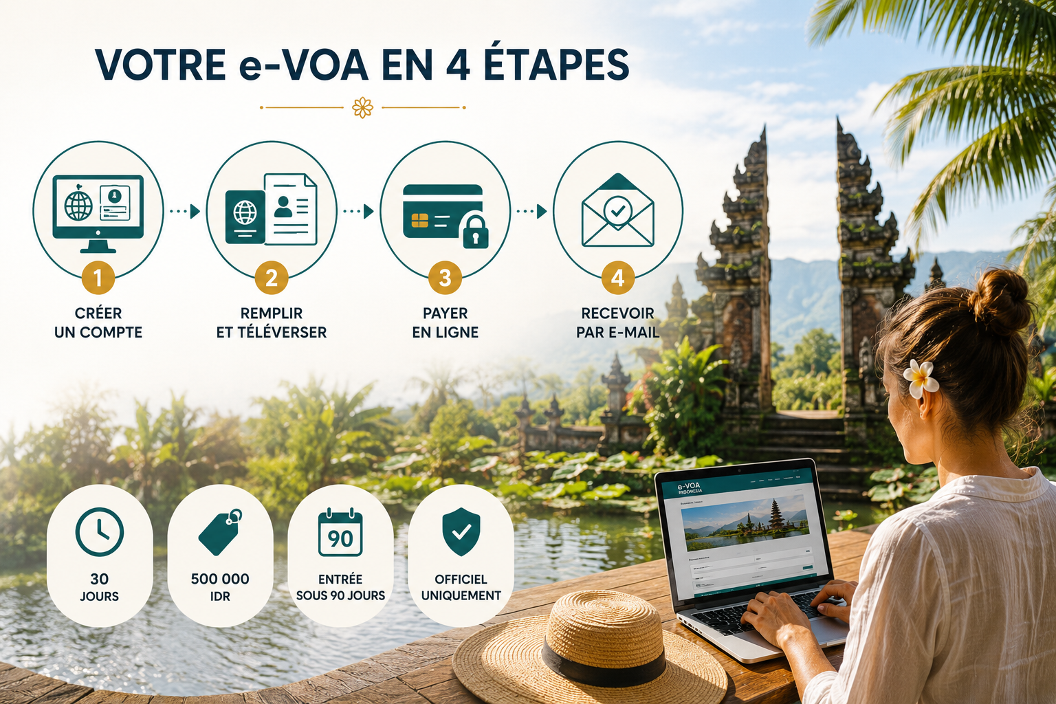 Infographie détaillant les 4 étapes pour obtenir son e-VOA pour Bali et recevoir son visa pour Bali par e-mail et en illustration une voyageuse préparant sa demande sur son ordinateur portable face à une porte de temple balinaise.