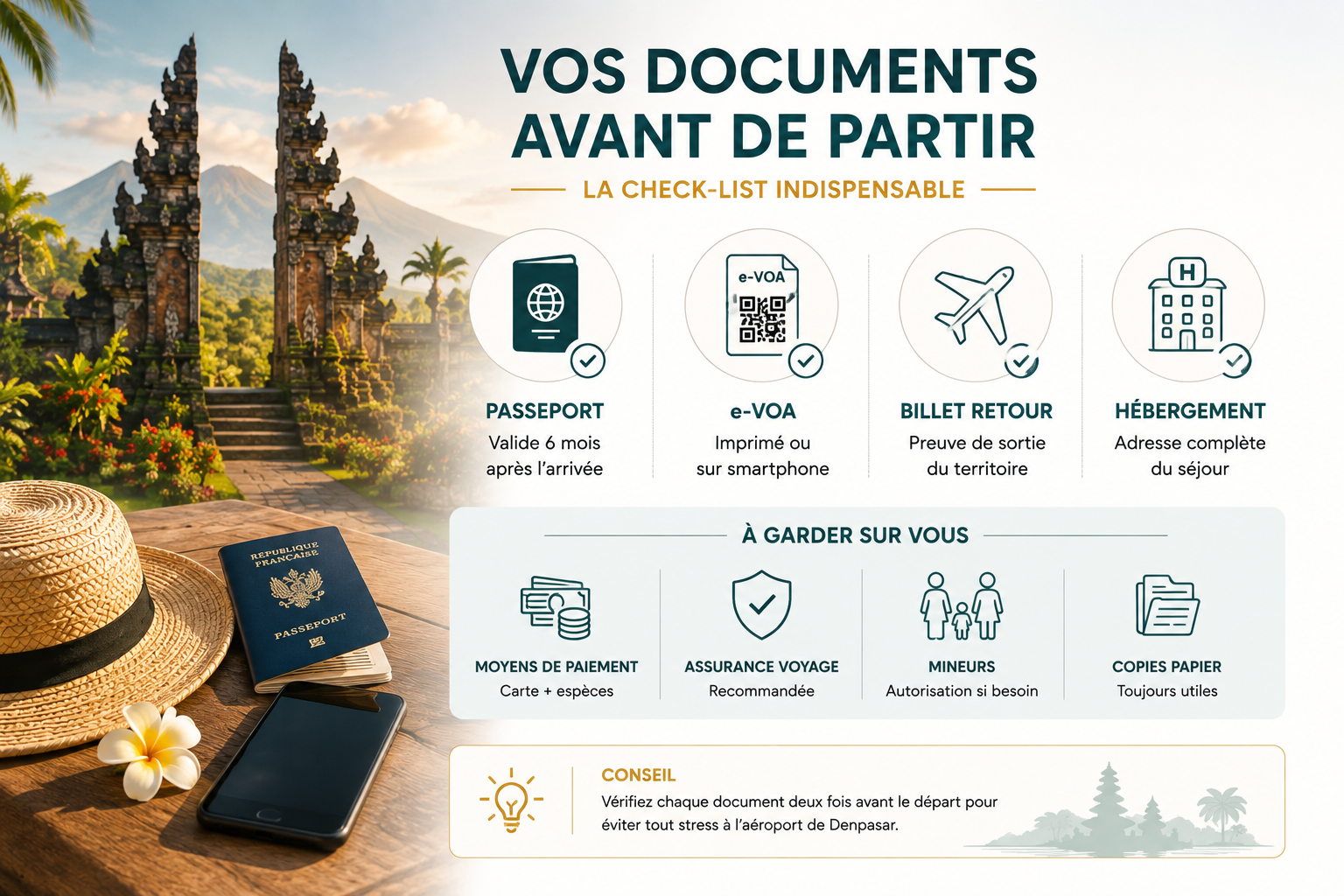 Infographie check-list des documents indispensables avant de partir à Bali : passeport valide 6 mois après l'arrivée, e-VOA (visa Bali) imprimé ou sur smartphone, billet retour et justificatif d'hébergement, ainsi que les indispensables à garder sur soi (moyens de paiement, assurance voyage, autorisation pour les mineurs, copies papier), le tout illustré par un passeport, un smartphone et un chapeau posés sur une table en bois face à une porte de temple balinaise.