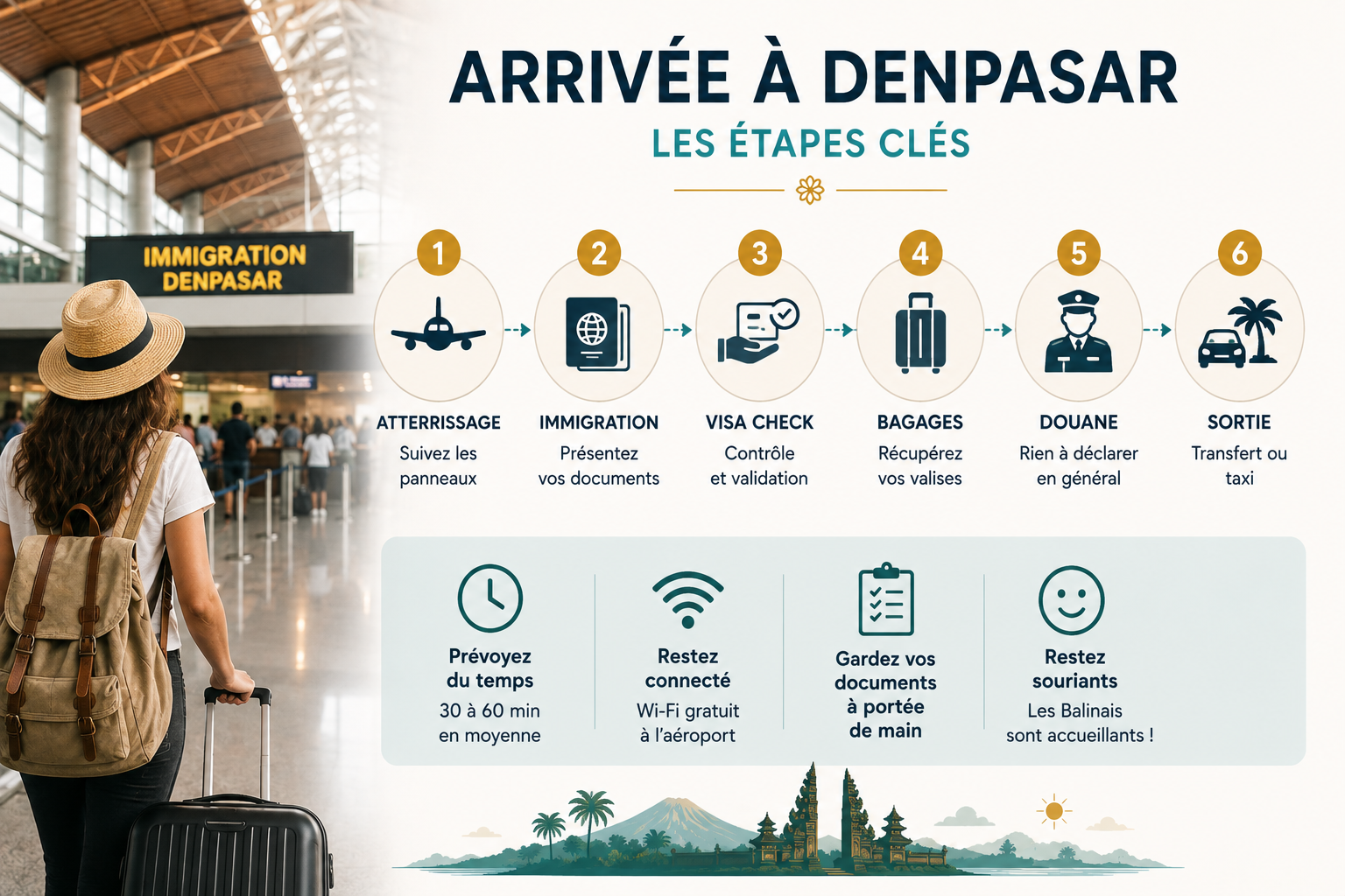 Infographie détaillant les 6 étapes clés de l'arrivée à l'aéroport de Denpasar : atterrissage, immigration, contrôle du visa Bali, récupération des bagages, douane et sortie, avec des conseils pratiques et en illustration une voyageuse valise à la main dans le hall d'arrivée signalé « Immigration Denpasar ».