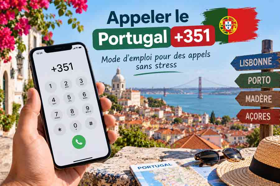 Comment appeler le Portugal avec l'indicatif +351, avec vue sur Lisbonne et panneaux indiquant Porto, Madère et les Açores